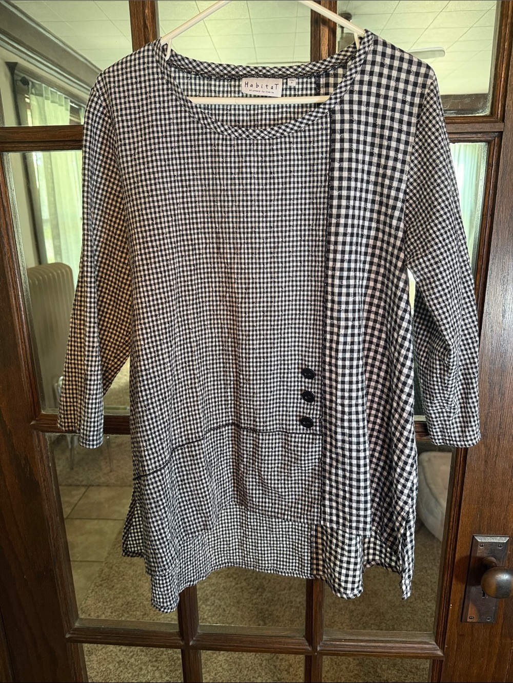 Habitat Clothes to Live In Black White Gingham Pick Stitch Button Tunic Top S
